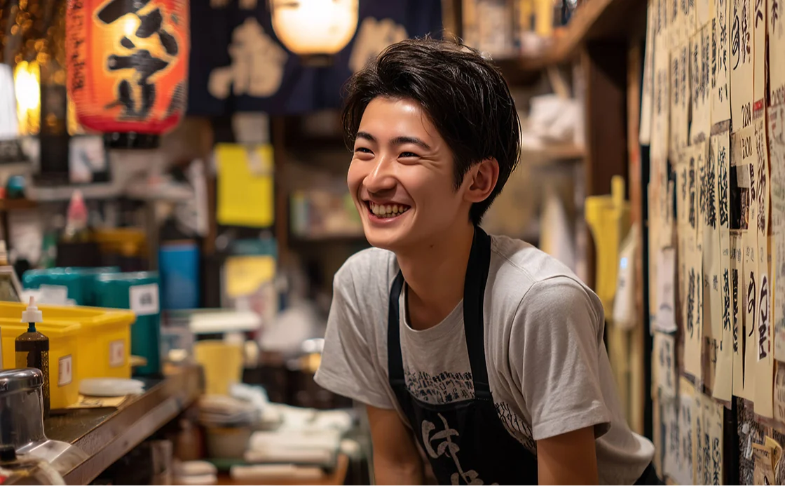 居酒屋のカウンターで笑顔でアルバイトする学生